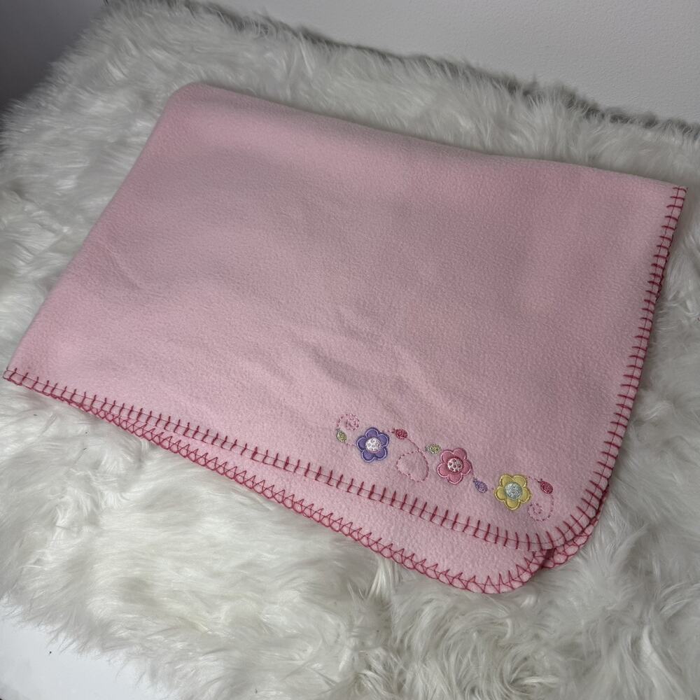 Baby Connection Pink Fleece Crib Blanket 30x40 Embroidered Flower Ladybug Stitch